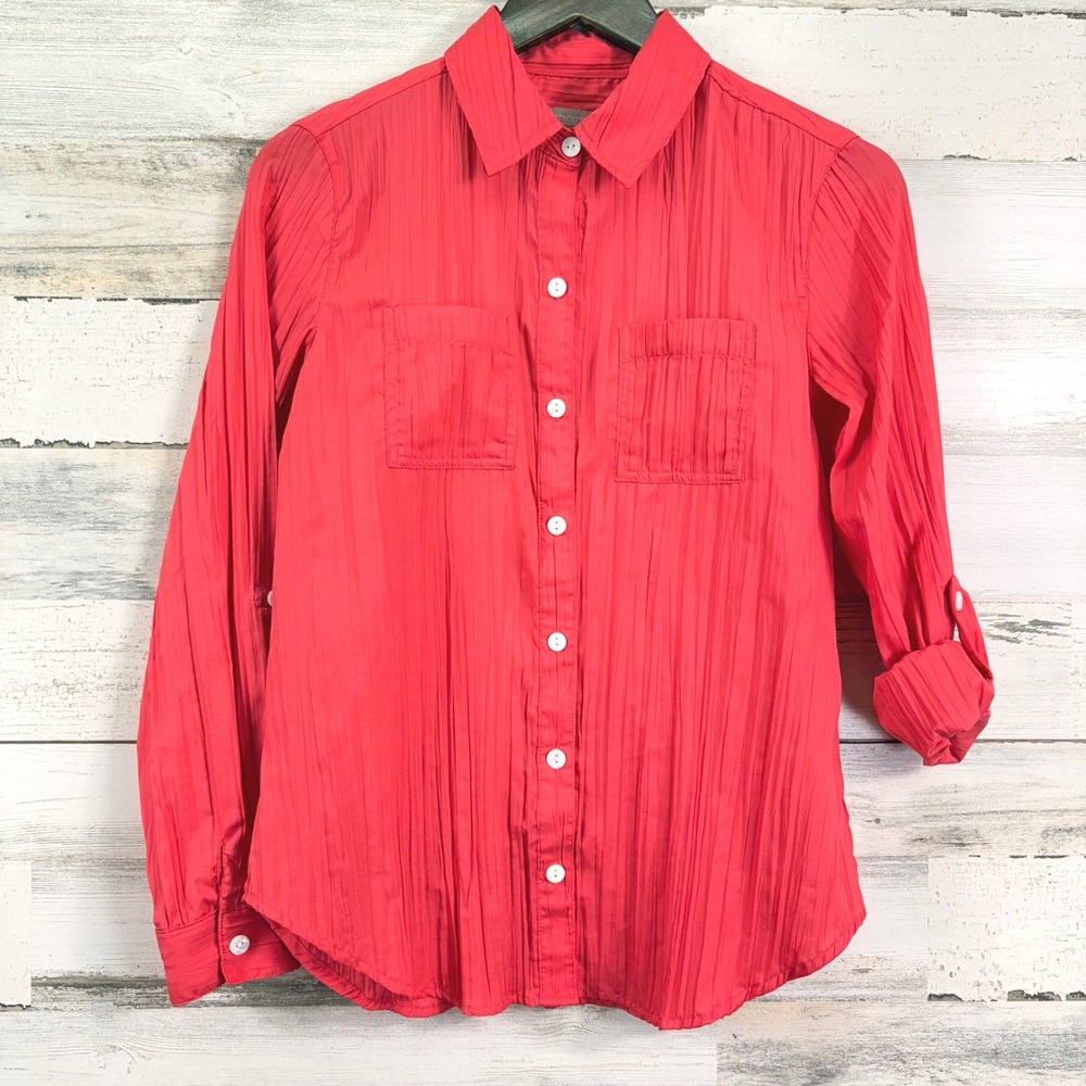 Chicos Shirt Coral Pink Pleated Button Down‎ Roll Tab Sleeve Size 0/US S